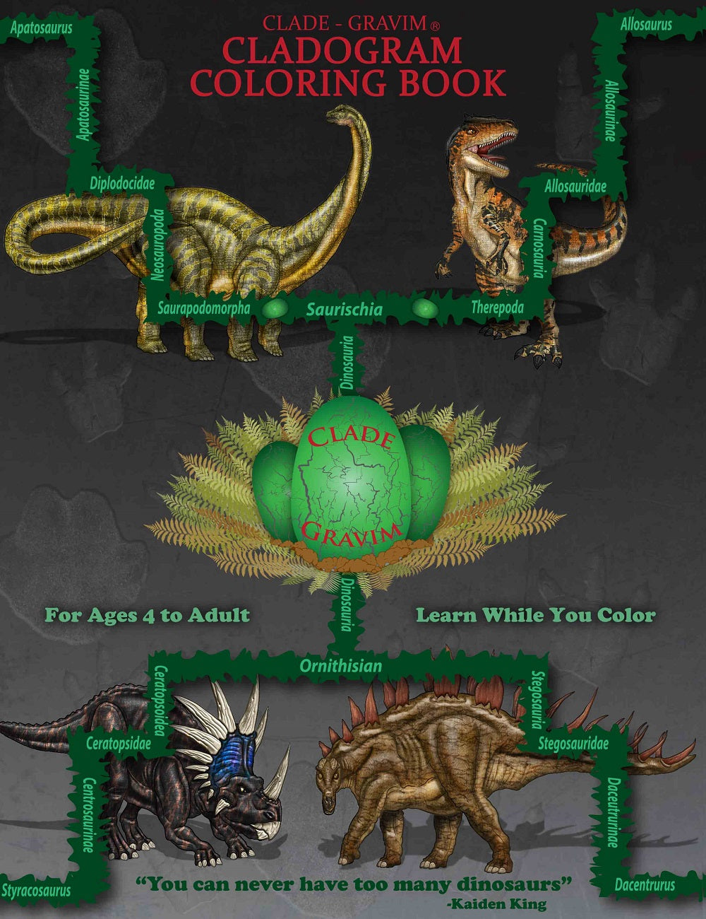 Toy Stegosaurus ..Clade-Gravim® Hatching Dinosaur Egg.. Cladogram ColorBook..Trading Cards
