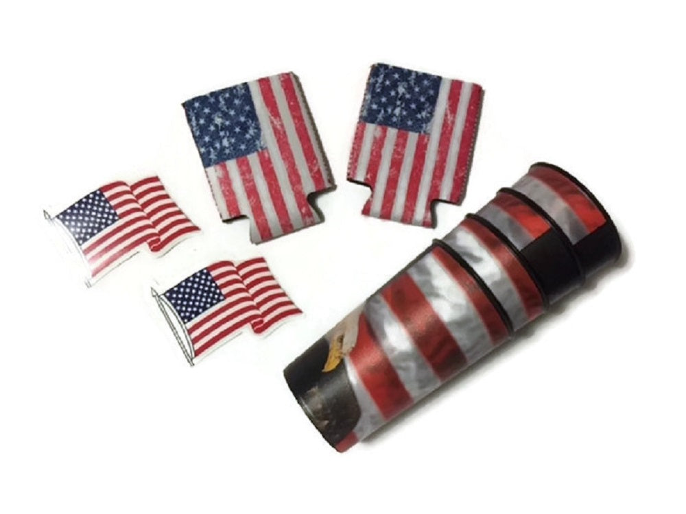 Military Veterans American Patriotic Party Bundle USA Flag Eagle Koozie, Plate, Decal etc.