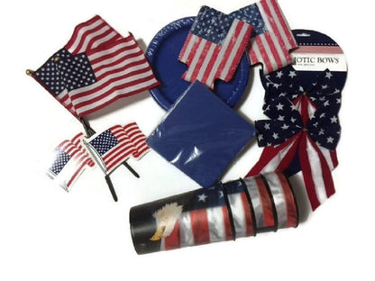 Military Veterans American Patriotic Party Bundle USA Flag Eagle Koozie, Plate, Decal etc.