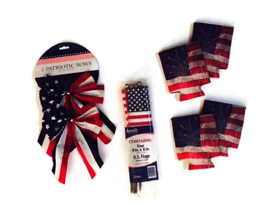 Rustic American Flag Koozie Bundle Decor 4th of July Veterans USA Stars Decal Memorial Independence